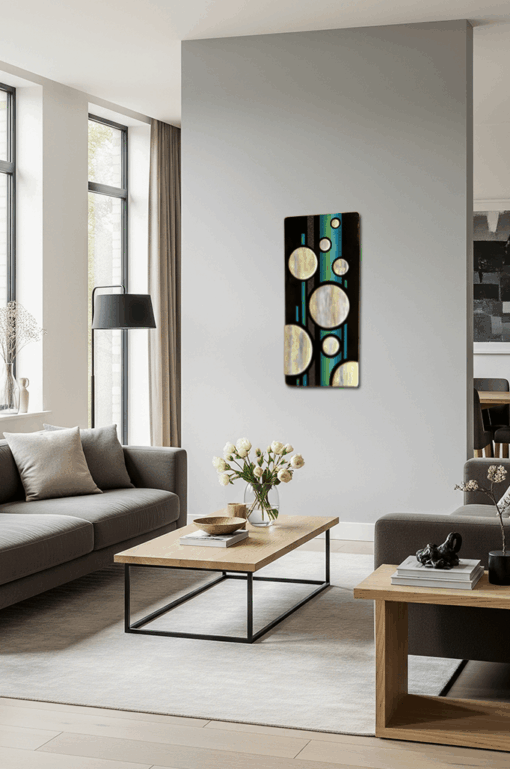 Reliefbild "Eine runde Sache" in einem modernen Wohnzimmer über einem Sideboard hängend, umgeben von einem Sofa, einem Couchtisch mit Blumen und großen Fenstern.